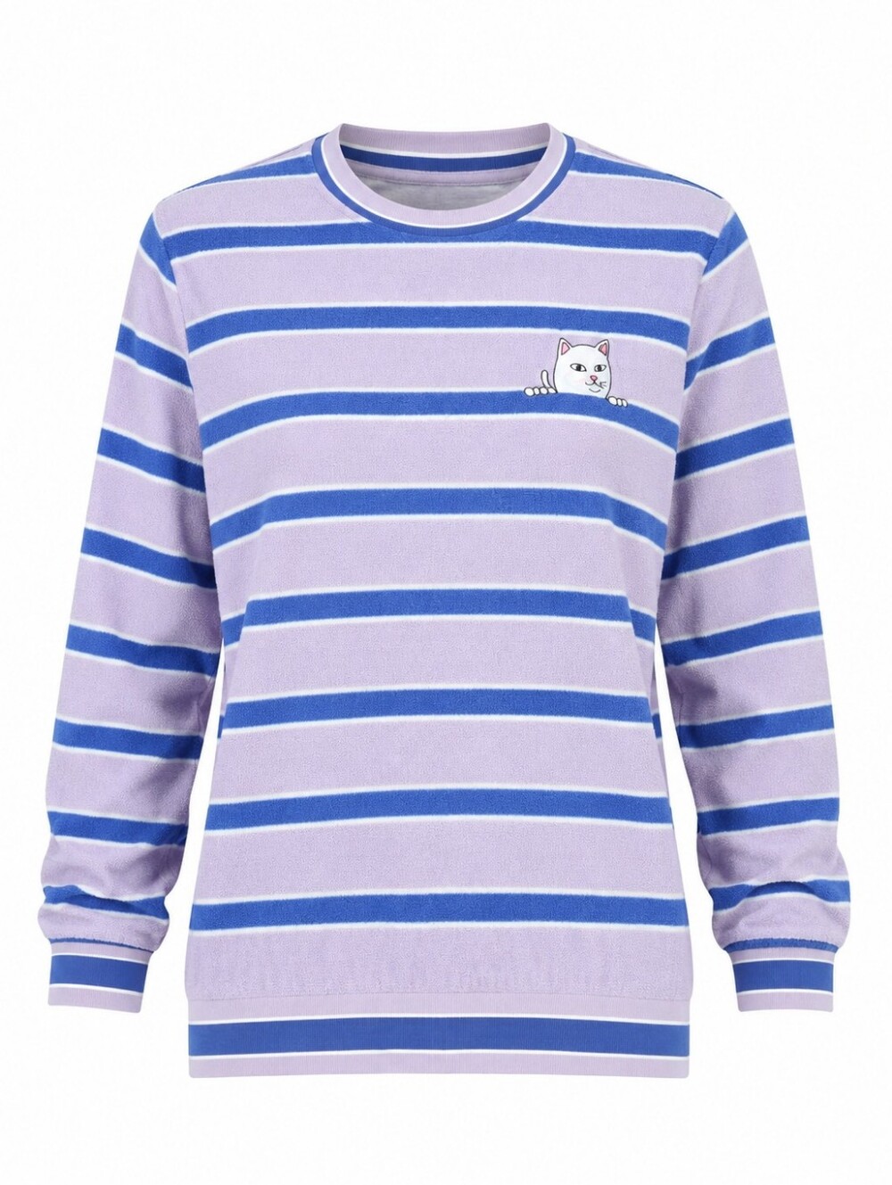 RIPNDIP Peeking Nermal Lavender Blue Striped Brushd Fleece unisex Cat Crewneck L